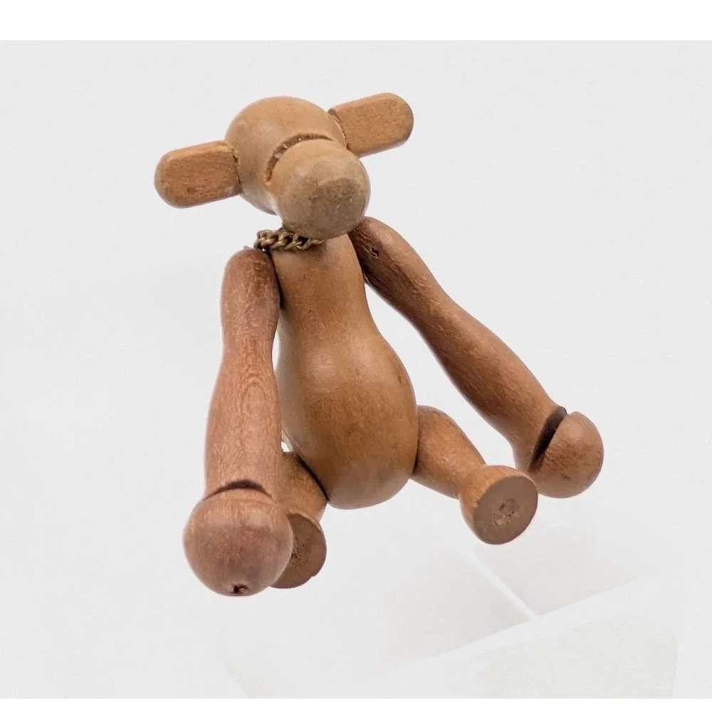Vintage Zoo Line Japan Monkey Brooch Built in Pin-Chain Wooden‎ Articulated MCM